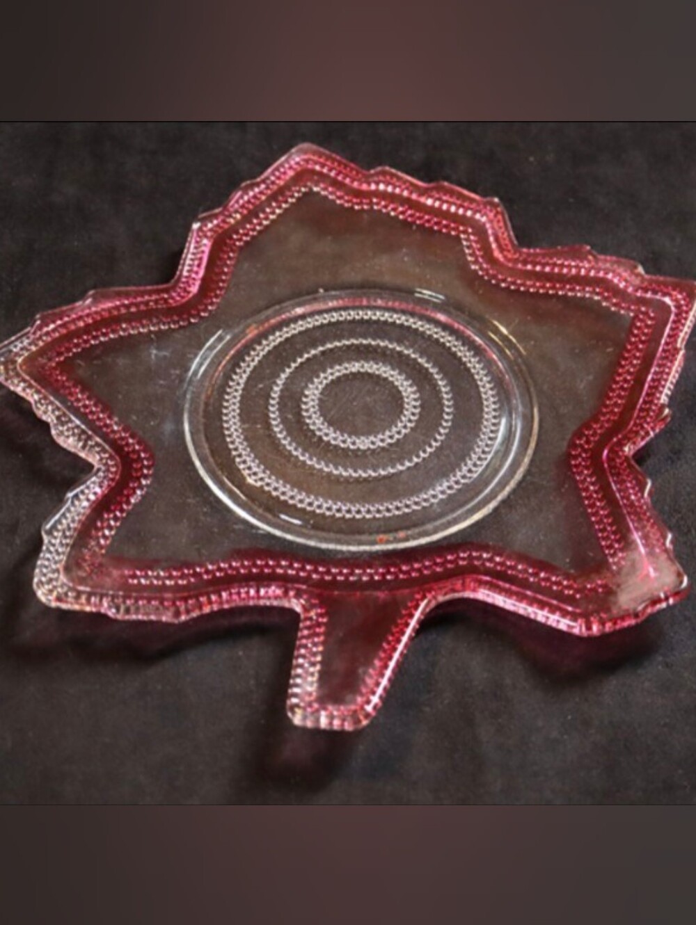 Vintage Indiana Glass Maple Leaf Shaped Clear & Red 11.25"x11" Patter Dish